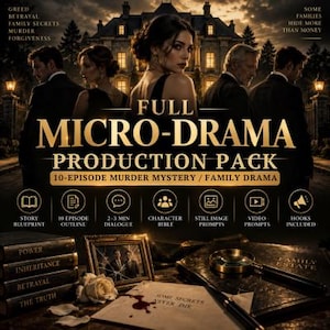 Może przedstawiać: Pakiet produkcyjny zatytułowany Full Micro-Drama Production Pack zawierający 10-odcinkowy kryminał i dramat rodzinny. Obraz przedstawia tło ciemnej rezydencji, stos książek, pękniętą ramkę na zdjęcia oraz notatkę poplamioną krwią.