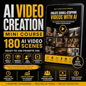 May include: A digital marketing graphic for an AI video creation mini course. The text reads AI VIDEO CREATION MINI COURSE 180 AI VIDEO SCENES. A tablet displays a grid of video thumbnails. Icons represent reels, product reveals, and UGC videos.