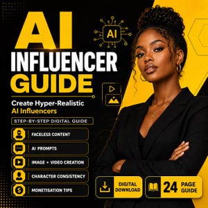 May include: A digital guide titled AI INFLUENCER GUIDE featuring a person in a black blazer. The text includes Create Hyper-Realistic AI Influencers, Step-By-Step Digital Guide, Faceless Content, AI Prompts, Image + Video Creation, Character Consistency, Monetisation Tips, Digital Download, and 24 Page Guide.