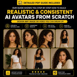 May include: A digital guide featuring text that reads: DETAILED PDF GUIDE INCLUDED, OUR GUIDE SHOWS YOU STEP-BY-STEP HOW TO BUILD REALISTIC & CONSISTENT AI AVATARS FROM SCRATCH, DESIGN ANY IMAGE OR VIDEO YOU CAN DREAM UP, INSTANT ACCESS DOWNLOAD NOW.