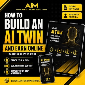 May include: A digital PDF guide titled How to Build an AI Twin and Earn Online, featuring a tablet and smartphone displaying the AI Twin Blueprint. The black and yellow graphic includes text about creating content, building a brand, and earning income.