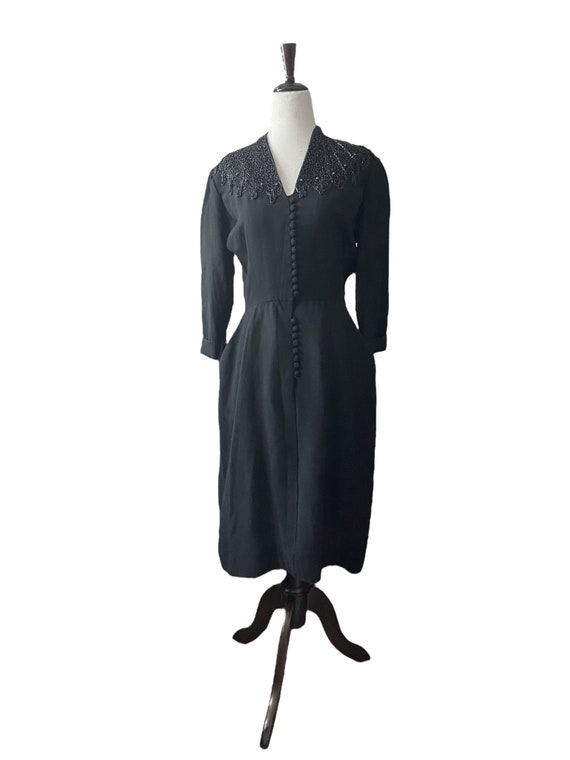 1940s Black Rayon Dress With Beaded Collar - image 5