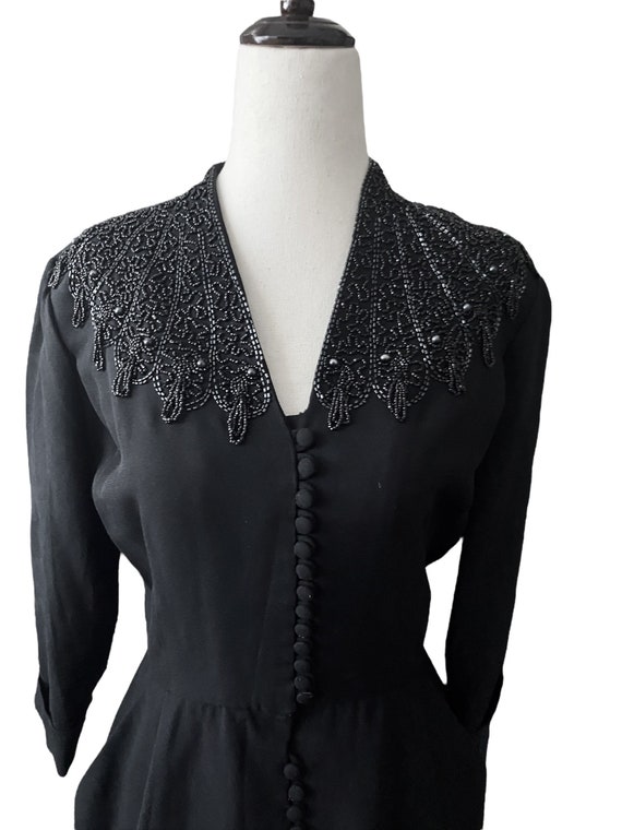 1940s Black Rayon Dress With Beaded Collar - image 1