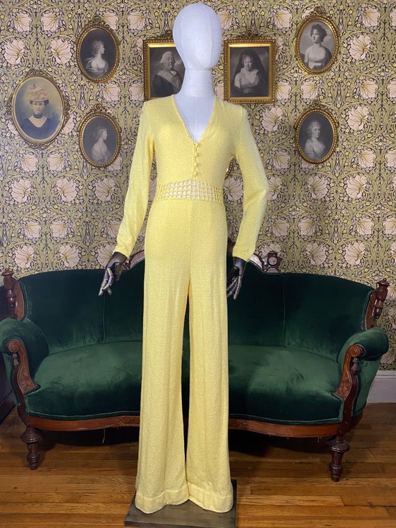 1970s Yellow Chenille Knit Disco Jumpsuit