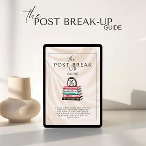 Op de afbeelding: Een digitale gids met de titel "The Post Break Up Guide" met een roze en witte achtergrond. De gids toont een cartoon-egel die op een stapel boeken zit, met de woorden "Too Many Pricks in This World" op de omslag van een van de boeken.