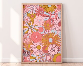Retro Blumen Wand Kunst Print: 60er 70er Jahre rosa blau Dekor (Digitaler Download)