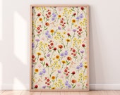 Vintage Inspired Watercolor Floral Pattern Print | Floral Printable Wall Art | Digital Download Wall Art | Colorful Flowers Wall Art Print