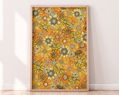 70s Retro Floral Pattern Print | Orange Colorful Wall Art Print | 60s 70s Flowers Print | Printable Wall Art | Digital Download Wall Art
