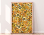 70s Retro Floral Pattern Print | Orange Colorful Wall Art Print | 60s 70s Flowers Print | Printable Wall Art | Digital Download Wall Art