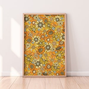 70s Retro Floral Pattern Print | Orange Colorful Wall Art Print | 60s 70s Flowers Print | Printable Wall Art | Digital Download Wall Art