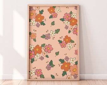 Retro Floral Wall Art Print | Pink Floral Pattern Wall Art | Abstract Flowers Print | Printable Wall Art