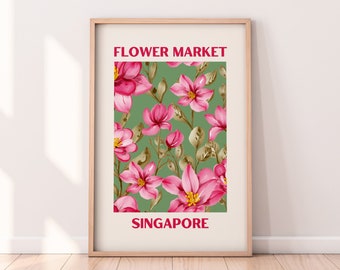 Flower Market Singapore Print | Colorful Flower Market Wall Decor | Pink and Green Floral Wall Art Print