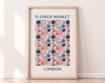 Flower Market London Wall Art Print | Pink & Blue Floral Wall Art Decor | Floral London Wall Art Print