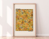 Retro Floral Wall Art Print | Retro Flowers Print | Orange Colorful Wall Art | Printable Wall Art | 60s 70s Flowers Print