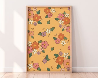 Retro Floral Pattern Wall Art Print || Yellow Floral Wall Art Printable || Flower Wall Art Print || Abstract Floral Pattern Print