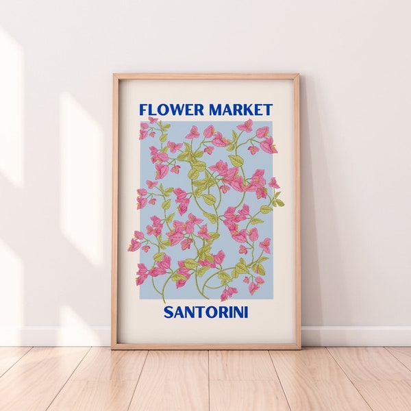 Santorini Greece Flower Market Print Digital Download | Pink Blue Flower Market Print Download | Floral Wall Art Print