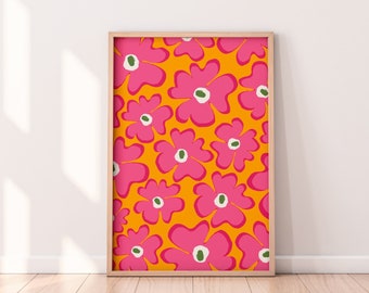 Impresión artística digital con flores onduladas en amarillo y rosa intenso / Arte mural colorido y moderno / Estampado floral moderno / Estampado floral abstracto vibrante