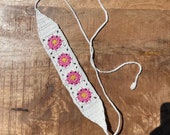Handmade Crochet Headband | Granny Square Crochet Headband with Pink Flowers | Crochet Flower Headband | White Crochet Headband