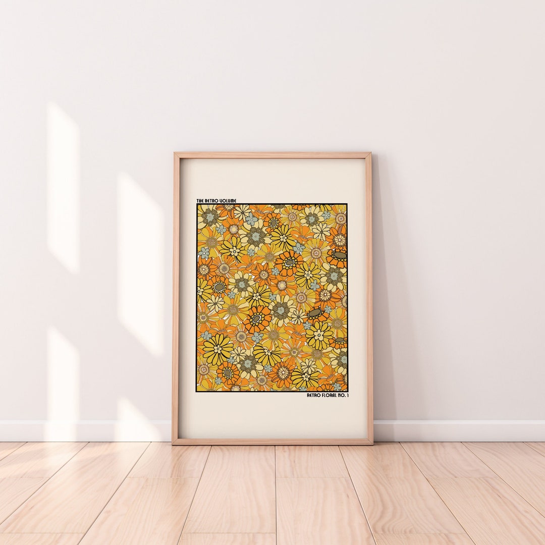 Retro Floral Wall Art Print Retro Flowers Print Orange Etsy