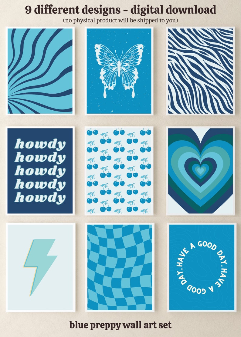 Blue Preppy Wall Art Prints set of 9 Digital Download Preppy Room Decor