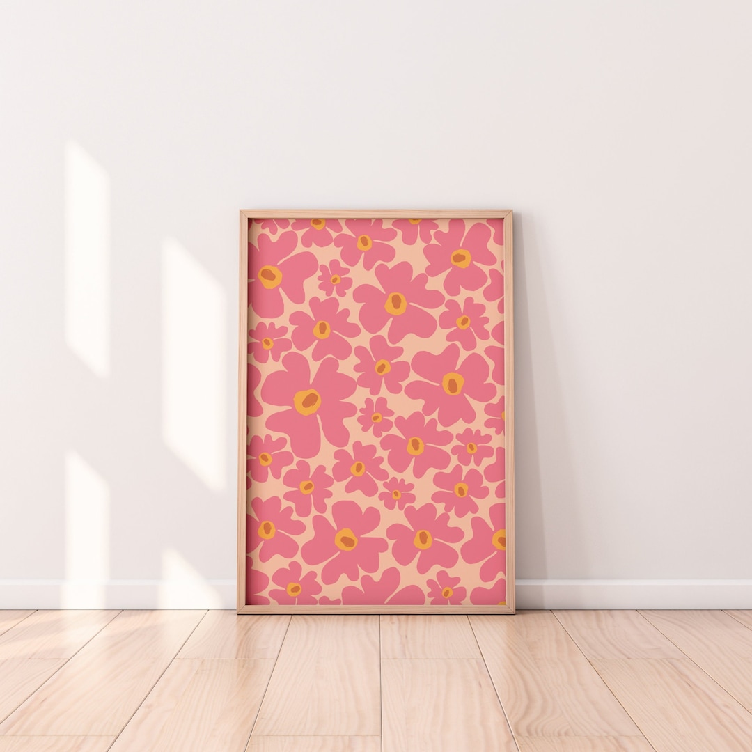 Wavy Flowers Pink Wall Art Print Preppy Wall Art Print Pink Wall Art Printable Floral Wall Art