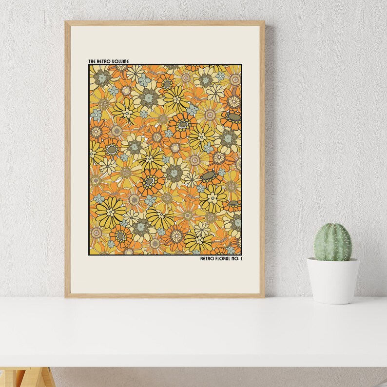 Retro Floral Wall Art Print Retro Flowers Print Orange Etsy