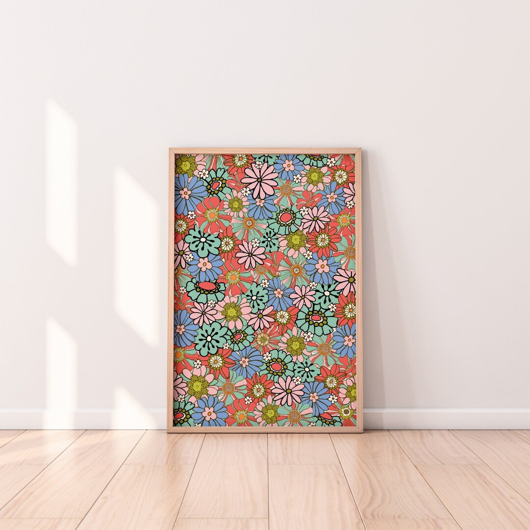 Pink Blue Retro Floral Pattern Wall Art Print | 60s 70s Retro Flowers ...