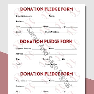 Formulario de donación del equipo de béisbol 3 por página, donación de softbol, folleto de recaudación de fondos de las ligas menores, plantilla de recaudación de fondos escolar, descarga instantánea de PDF