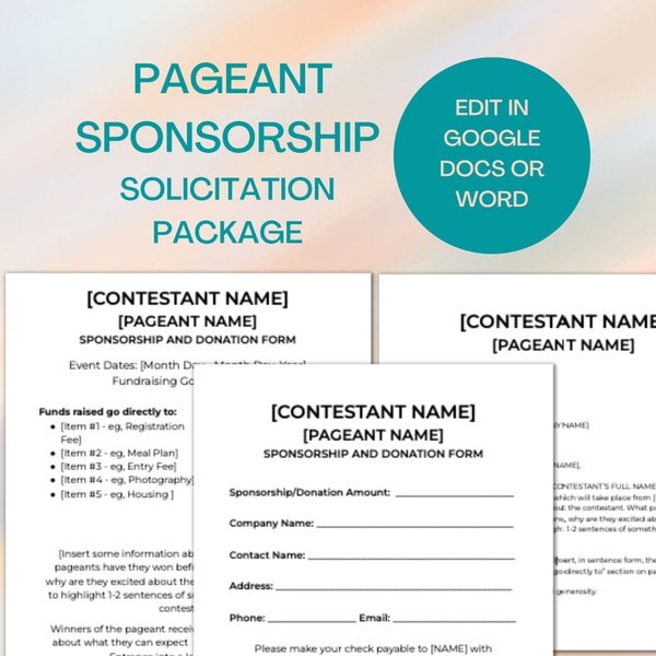 Pageant Sponsorship Template,  Sponsor Proposal Packet, Donation Letter Reply Card, Beauty Pageant Contestant Package, Sponsor My Pageant Ad