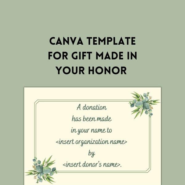 Gift Made in Your Name Card Canva Template, Printable for Wedding, Birthday, Holiday, Donation Tribute Card Instant Download in Two Sizes,