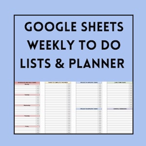 Könnte beinhalten: Eine Google Sheets-Vorlage für eine wöchentliche To-Do-Liste und einen Planer mit fünf Spalten: Geplante und tägliche Aufgaben, Aufgaben, die diese Woche zu erledigen sind, Projektspezifische Aufgaben #1, Projektspezifische Aufgaben #2 und Langfristige Aufgaben. Jede Spalte hat ein Kontrollkästchen neben jedem Listenelement.