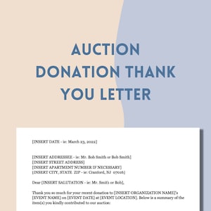 Carta de agradecimiento por donación de subasta, plantilla de recibo con valor justo de mercado y lenguaje fiscal, acuse de recibo editable e imprimible para el evento