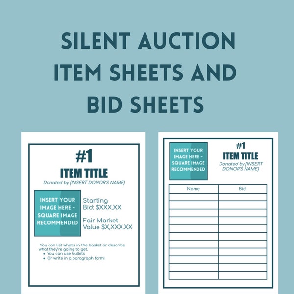 Silent Auction Bid Sheet, Silent Auction Item Sheet, Editable and Printable Form Template, School Fundraiser, Non Profit Gala, Church Event