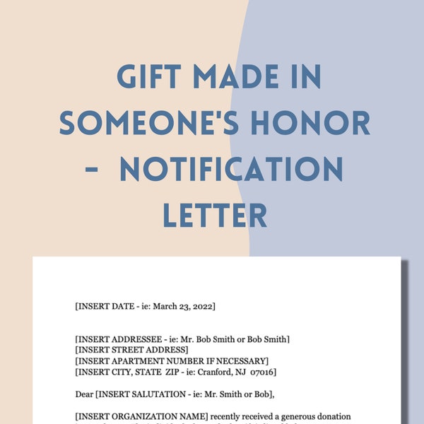 Honorary Gift Letter Template, Notification for Donation Made in Your Honor, Digital Google Doc File Instant Download for Non-Profit, Church