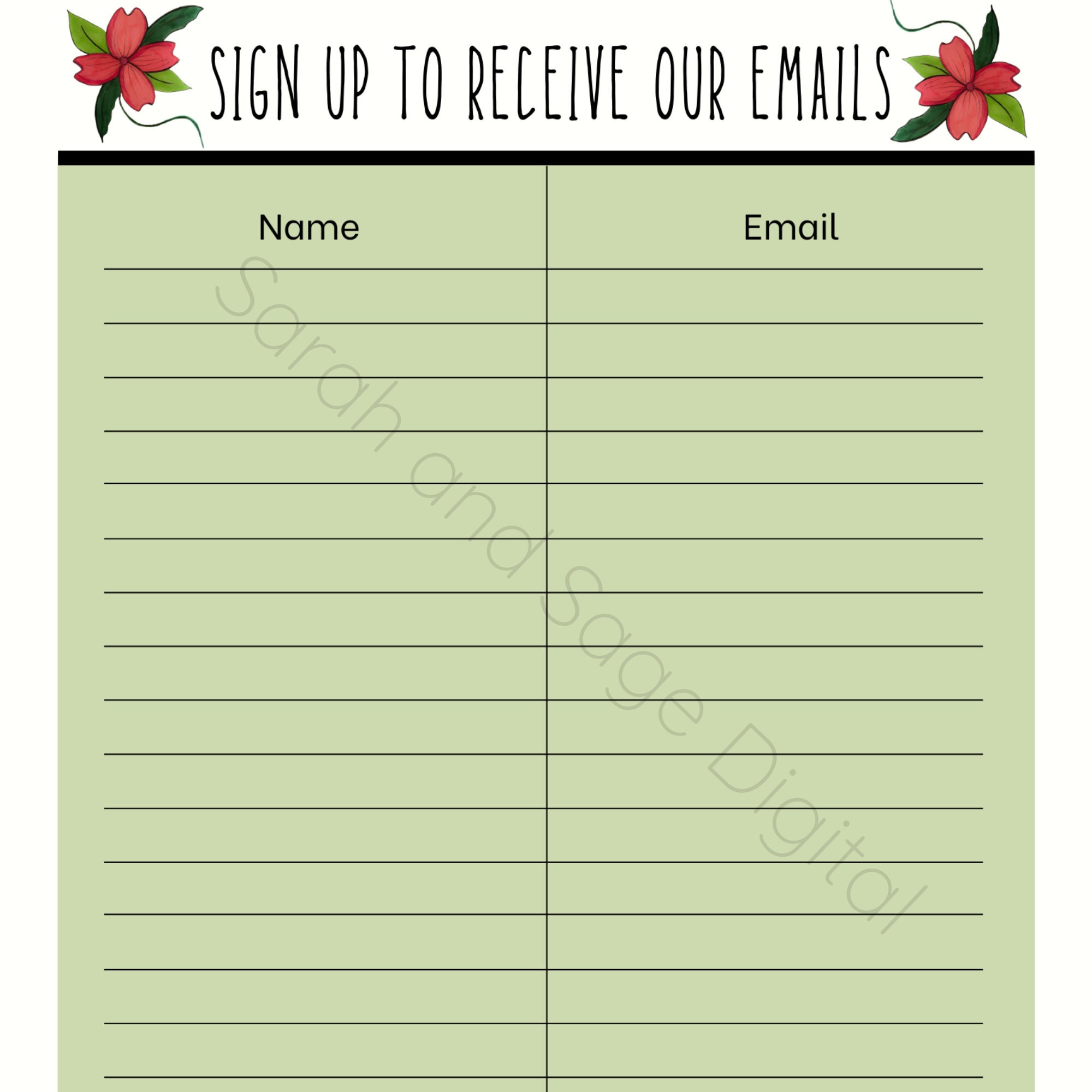 Email Sign up Sheet for Newsletter, Mailing List, Small Business ...