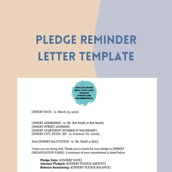 Pledge Reminder Letter Template, Editable Non Profit Fundraising Letter, Donation Reminder for Charity, Church Event, School Fundraiser