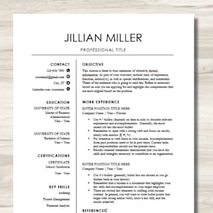 May include: A black and white resume template featuring the name Jillian Miller at the top. The resume is divided into sections for contact information, education, work experience, certifications, key skills, and references.