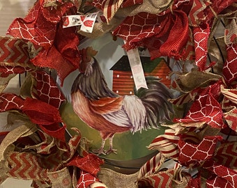 Rooster Farmhouse wreath multi ribbons