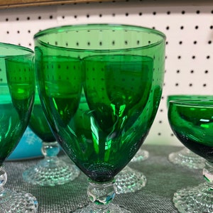Vintage Anchor Hocking Bubble Foot Green Glassware - Water Goblets and Champagne Glasses (Sets sold separately)