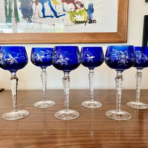 Vintage Midcentury Cut to Clear Crystal Cobalt Blue Wine Glasses (Set of 6)