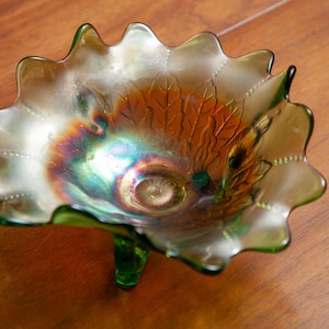 Vintage Northwood Green Leaf and Beads Pattern Carnival Glass Footed Bowl