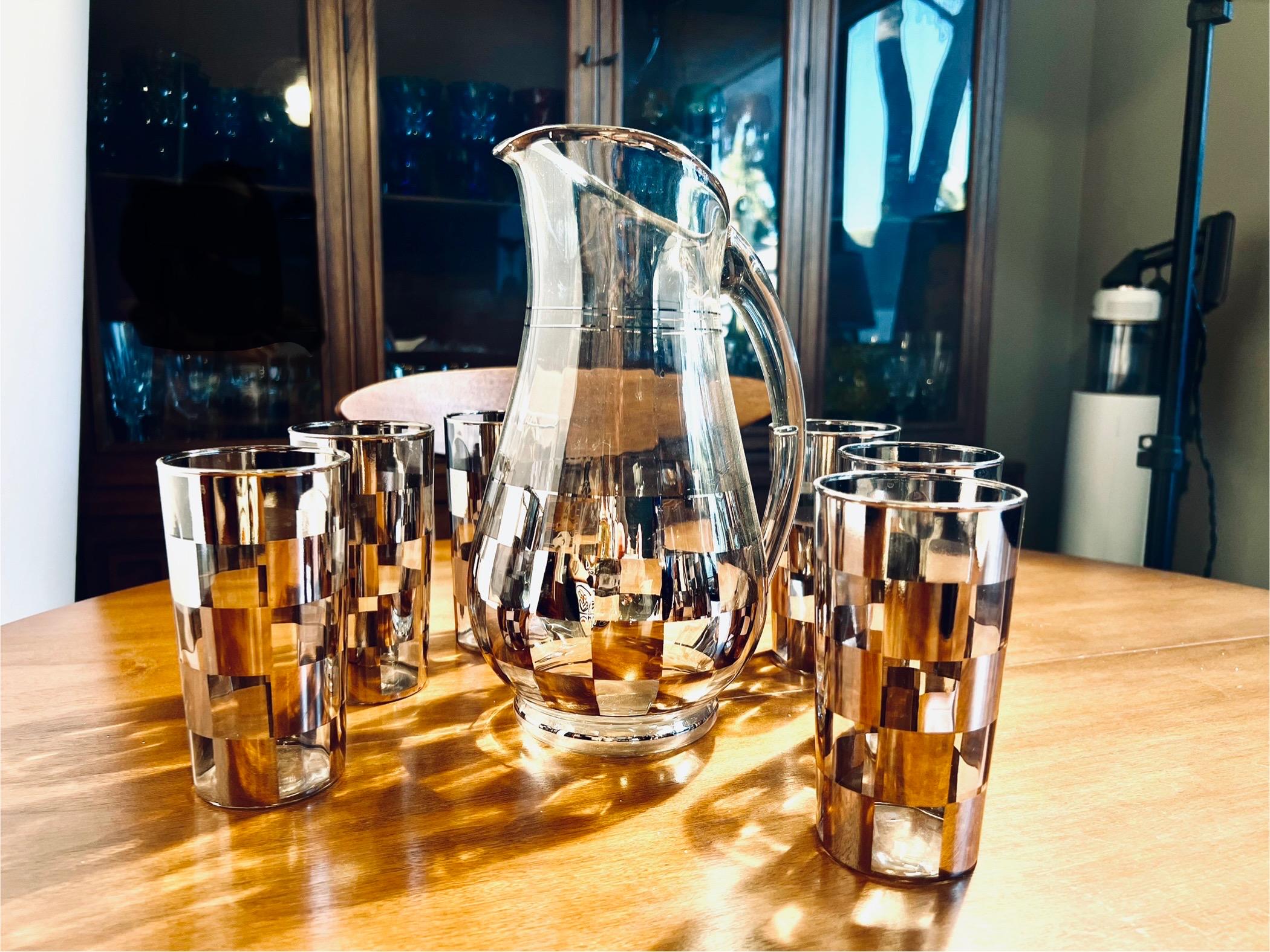 Vintage MCM Checkerboard Pitcher & 6 Glass Set - Etsy