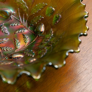 Antique Northwood Green Strawberry Carnival Glass Bowl with Pie Crust Edge