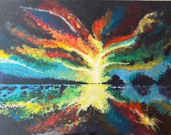 Dipinto astratto di paesaggio acrilico. Orizzonte al tramonto tempestoso sull'acqua.