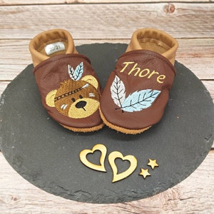 Organic leather slippers with name for baby and children (eco crawling shoes leather slippers) Indian bear gift birth baptism girl boy