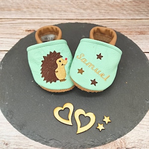Organic leather slippers with name for baby and children (eco crawling shoes leather slippers) hedgehog gift birth baptism girl boy