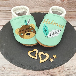 Organic leather slippers with name for baby and children (eco crawling shoes leather slippers) Indian bear gift birth baptism girl boy