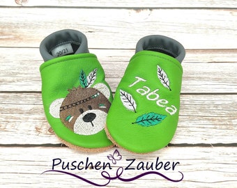 Bio Lederpuschen mit Namen für Baby und Kinder (Öko Krabbelschuhe Lederpatscherl) Indianer Bär Geschenk Geburt Taufe Mädchen Bub
