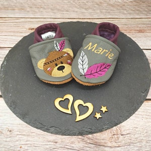 Organic leather slippers with name for baby and children (eco crawling shoes leather slippers) Indian bear gift birth baptism girl boy