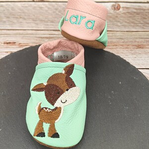 Organic leather slippers with name for baby and children (eco crawling shoes leather slippers) deer gift birth baptism girl boy